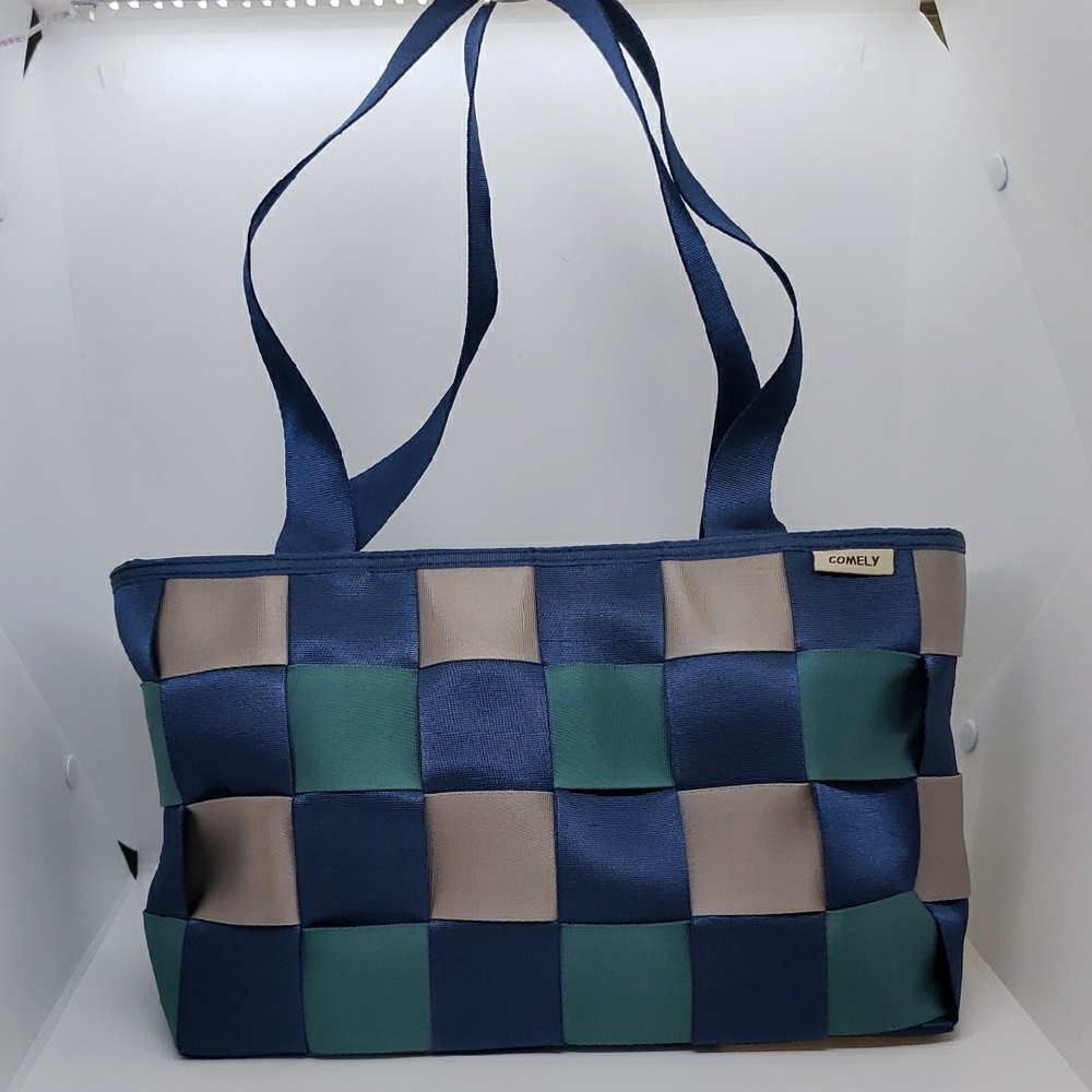 Comely Geometric Blue and Green Tote Bag with Woven Design